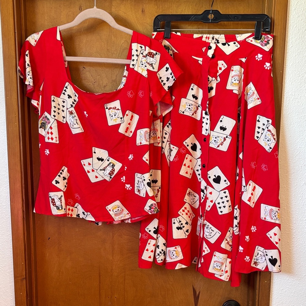 Collectif Red Playing Card Print Skirt Set